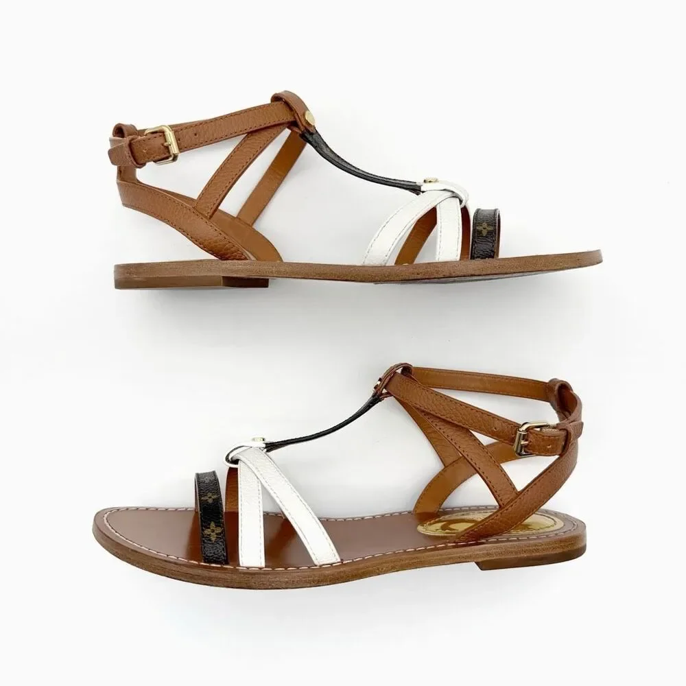 LOUIS VUITTON Explorer Flat Sandal Size 37 Cognac Brown White Monogram Flower